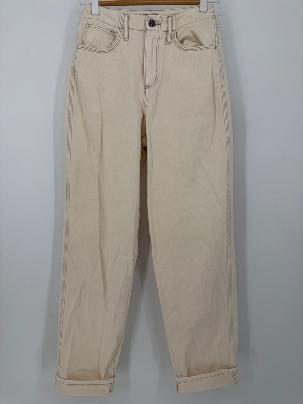 12 STOREEZ Cream High Rise Straight Leg Jeans XS 100% Cotton Minimalist